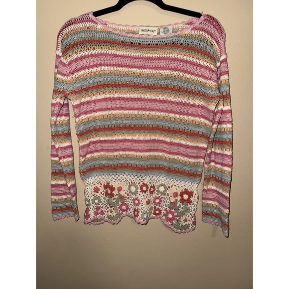 White Stag Sweaters - Cottagecore Women Crochet Floral Stripe Sweater Pink Sage Pearl Small Hippie Y2K